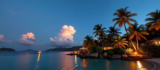 Tropical beach at night with illuminated palm trees, a small house, and a calm ocean reflecting the moonlight.