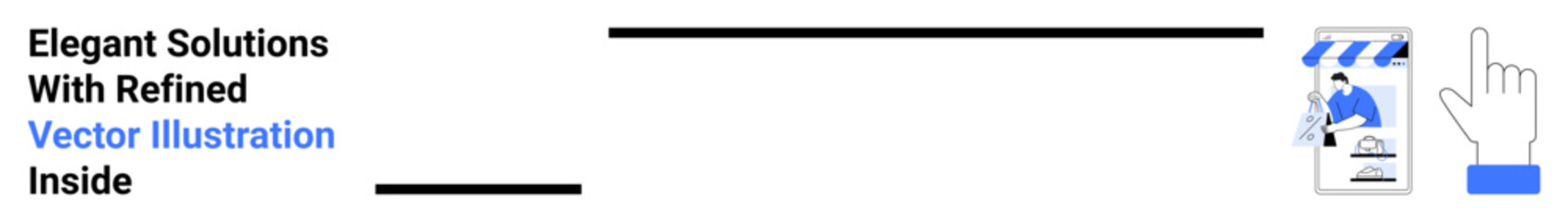 Digital storefront with striped awning, person preparing package, clickable finger gesture. Ideal for e-commerce, retail, sales, advertising, marketing, technology consumer experience flat landing