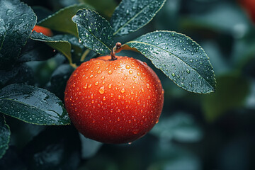 Crimson Sphere, Rain-Kissed Fruit Amidst Verdant Canopy and Water Droplets