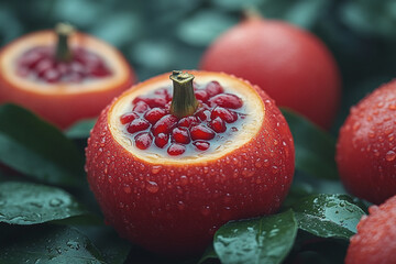 Gac Fruit Jewels, A Vibrant Display of Exotic Red and Leafy Green