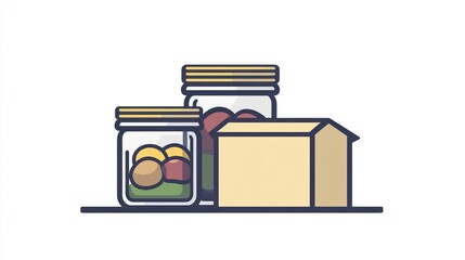 Food jars and cardboard box, still life illustration