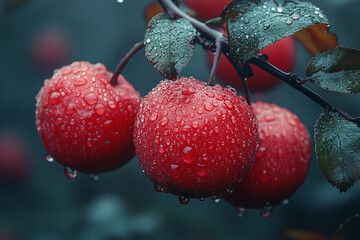 Crimson jewels, A mesmerizing close-up of rain-kissed Crabapples