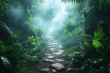 Mystical Pathway through Emerald Jungle with Ethereal Haze