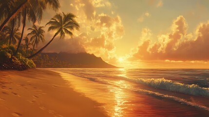 Captivating Hawaiian Sunset Over Tranquil Beach