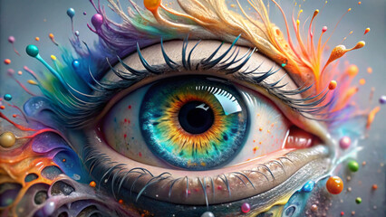 Vivid and surreal depiction of the eye is surrounded by swirls and splashes of color,creating an explosion of hues and textures.Intricate details and vibrant colors are otherworldly and imaginative.AI