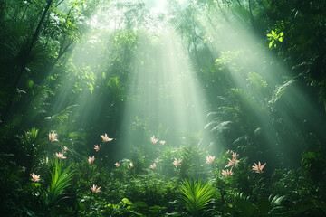 Ethereal Canopy, Light Streams Through a Lush Botanical Realm