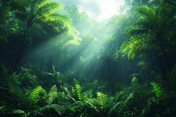 Sunlit Majesty, Verdant Canopy and Ethereal Rays in a Lush Forest