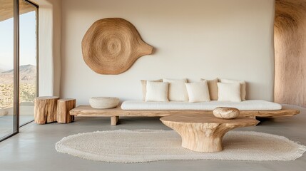 Tranquil living space with natural wood furniture modern interior design desert view minimalist environment