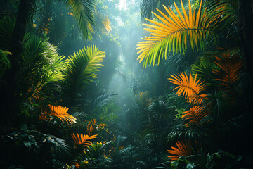 Luminous canopy, tropical foliage basking in sun-dappled mist