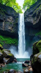 Secluded waterfall cascading down a rocky cliffside, cliff, river, waterfall