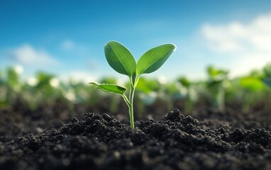 Fototapeta premium Close-up of green seedling sprouting from dark soil with sunlight shining through the leaves in a vibrant agricultural field