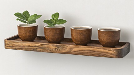 Fototapeta premium Wooden shelf with plants and coffee cups