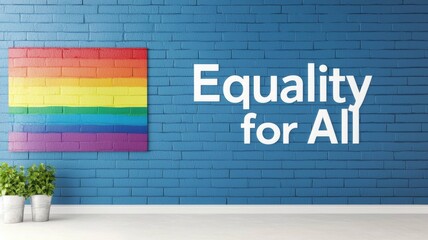 Obraz premium Colorful rainbow flag on a blue wall with the phrase 