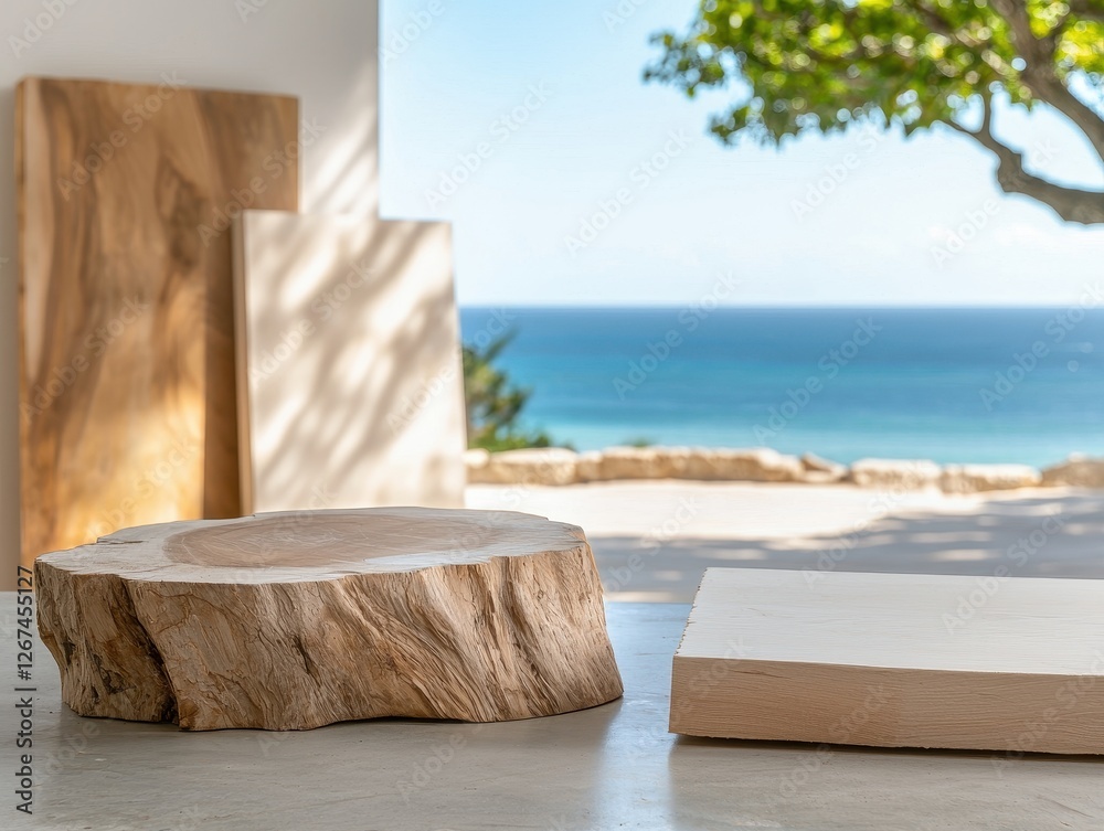 Canvas Prints A serene coastal view featuring wooden slabs on a table, with the ocean in the background and greenery providing a peaceful ambiance.