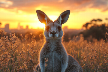 Kangaroo portrait illuminated by the glow of the setting Australian sun