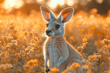 Golden Hour Serenity, A Kangaroo's Peaceful Meadow Retreat