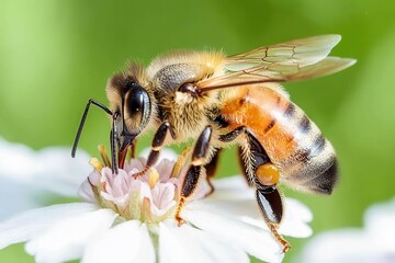 A close-up of a bee pollinating a flower, showcasing its intricate details and vibrant colors against a blurred green background.