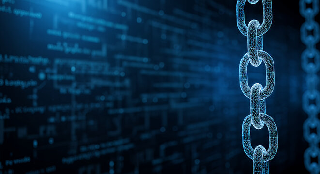 Blockchain Security: Digital Chain Network, Data Encryption & Cyber Protection Technology with Secure Connection in Blue