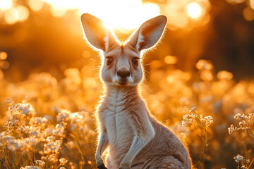 Golden Hour Serenade, A Juvenile Kangaroo in a Floral Meadow