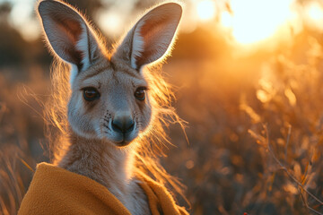 Serene kangaroo portrait bathed in golden sunlight at the break of dawn