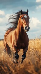Obraz premium Brown horse galloping through golden grass under a blue sky with clouds during the late afternoon sunlight