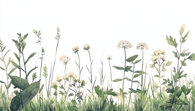 Fototapeta Dreamy Green Meadow, Watercolor Floral Border, Light Green Background, Pastel Illustration