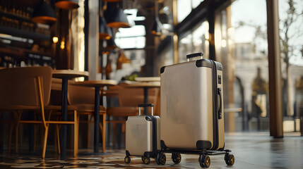 Stylish Silver Luggage in Modern Caf&eacute; Setting with Sunlight