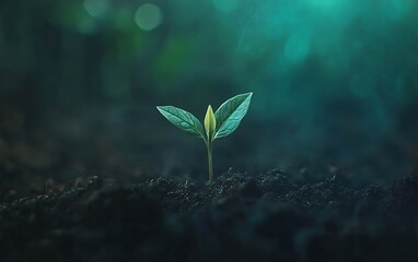 Vibrant young green seedling emerging from dark soil under a dreamlike blue hazy light capturing the beauty of growth nature and environmental sustainability in a serene ecosystem