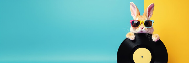 Cute rabbit wearing sunglasses holding a black vinyl record on a yellow and blue background. Retro music and DJ concept. Wide banner with copy space for Easter design and print