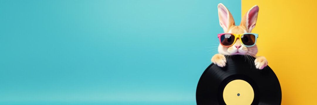 Cute rabbit wearing sunglasses holding a black vinyl record on a yellow and blue background. Retro music and DJ concept. Wide banner with copy space for Easter design and print