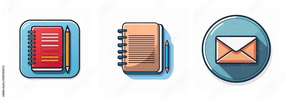 Poster three icons display office supplies. a red notebook with a pencil, a brown notebook with a pencil, a