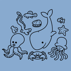 Lineart outline Sea Animal in cute colorful design for kids and education
