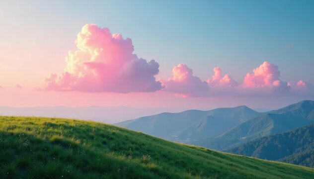 A delicate pink cloud forms above a rolling hill, clouds, hillsides, rolling