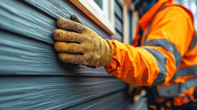Worker inspecting new house siding exterior wall