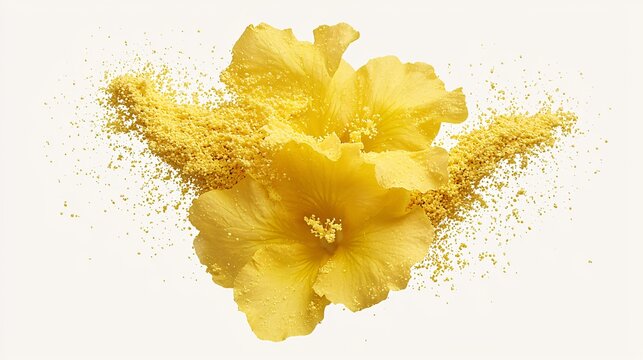Yellow flowers exploding powder, studio shot, white background, cosmetic ad
