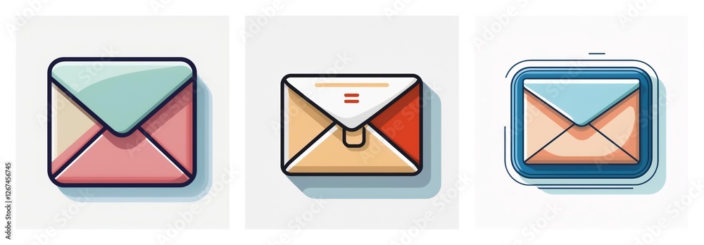 Leinwandbilder Three envelope icons in different styles and colors are displayed side-by-side. Each icon represents a message or communication, with distinct design variations.