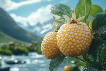 Golden Raspberries Dew-Kissed against a Backdrop of Mountain Majesty