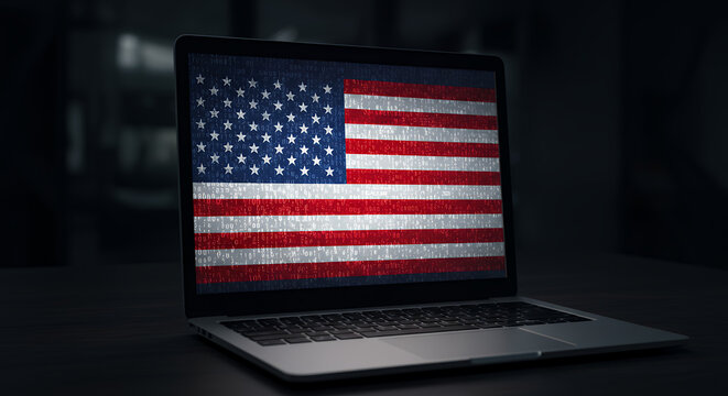 Cyber USA: American Flag on Laptop Screen Showing Binary Code - Cybersecurity, Technology, and Digital Patriotism