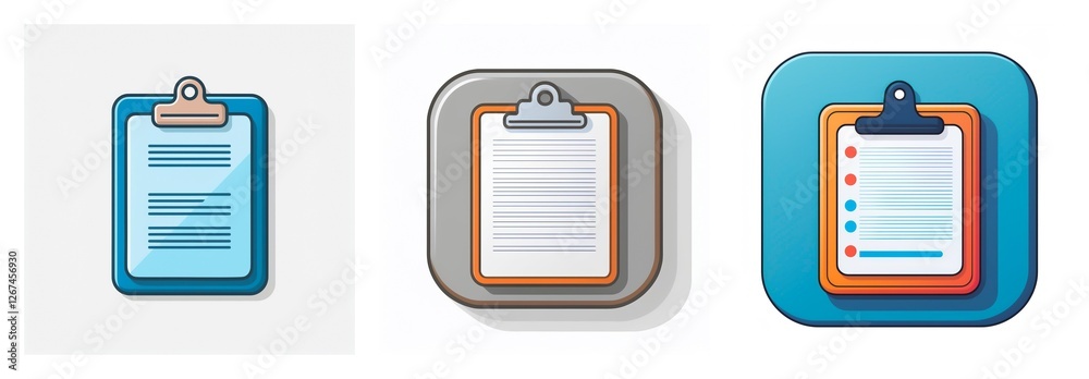Poster three clipboard icons in varied styles and colors, each with a paper sheet and clip, symbolizing org