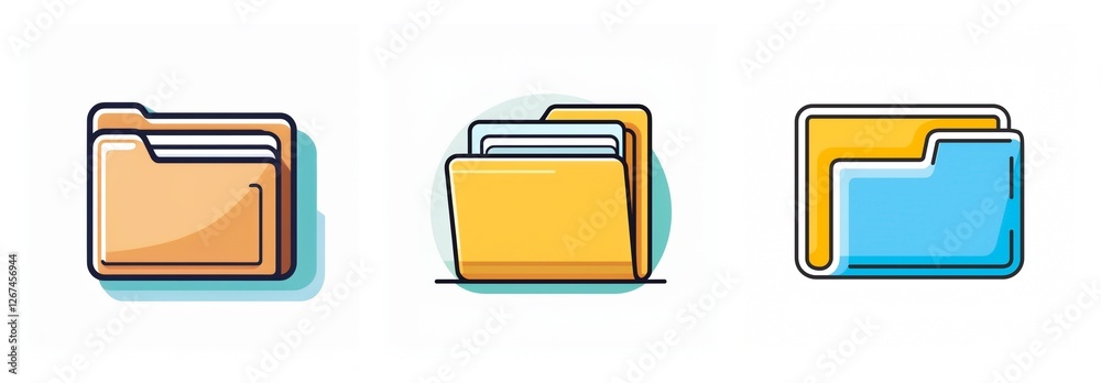 Poster Three folder icons in different colors and styles depict file organization and data management, isolated on a white background.