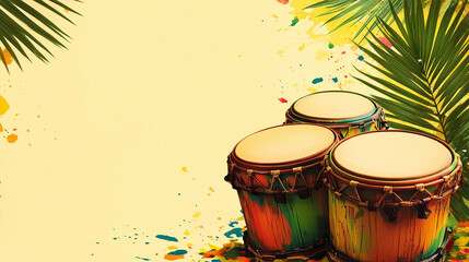 African drums, djembe on a vibrant yellow background, designed as a dynamic promotional banner. Ideal for music events, cultural festivals