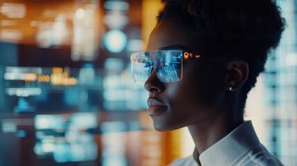 A real person using advanced AI tools and holographic displays in an ultra-modern office, showcasing how digital transformation is reshaping the workplace