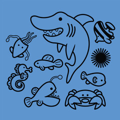 Lineart outline Sea Animal in cute colorful design for kids and education