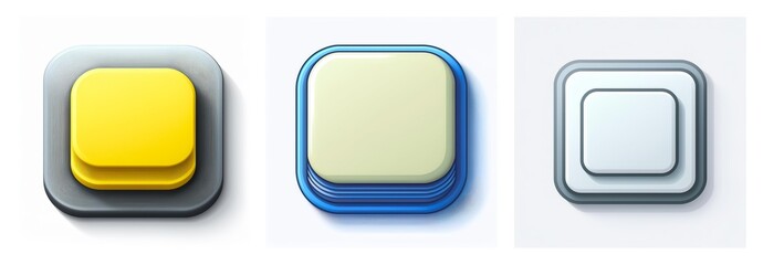 Three stacked squares with rounded corners in yellow, blue, and white/grey hues, creating a layered, interface element look with soft shadows.