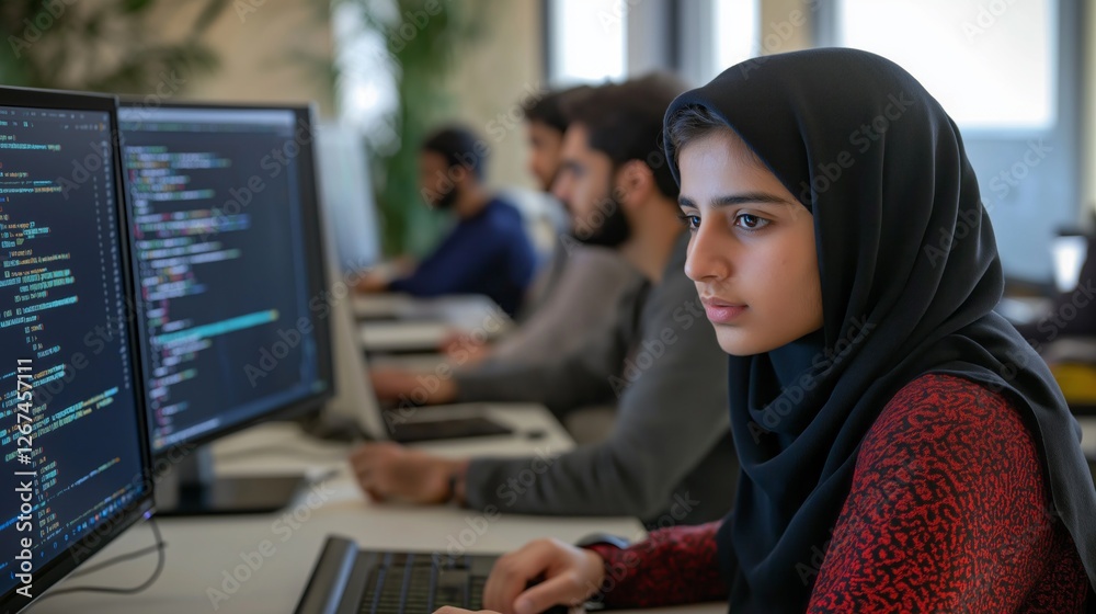 Poster In a vibrant office space, a diverse group of young Middle Eastern developers is focused on coding and problem-solving. They work together, sharing ideas to create technology solutions