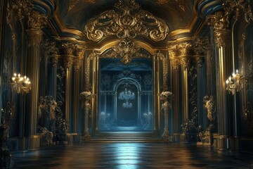 Opulent Golden Ballroom: A Luxurious Digital Rendering