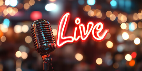 Vintage microphone with neon "Live" sign in vibrant urban setting. Perfect for music events, concert promotions, nightlife advertisements, and entertainment branding