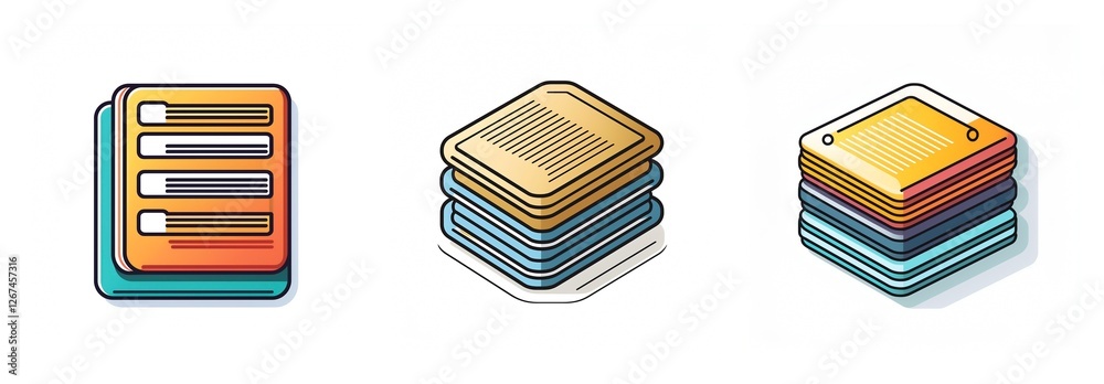 Poster three isometric stacks of layered square objects. first orange and blue with content bars, second be