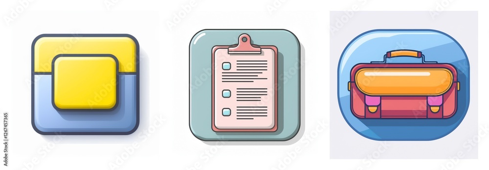 Aufkleber Three app icons in a row. First is a blue and yellow layered square. Second is a clipboard with checklist. Third is a red and orange briefcase.