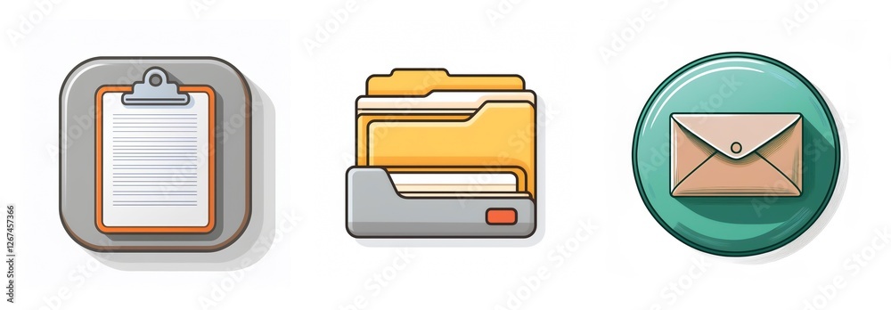 Poster Three cartoonish icons represent document management and communication: a clipboard, a file folder, and an envelope, all in a simple, vector style.